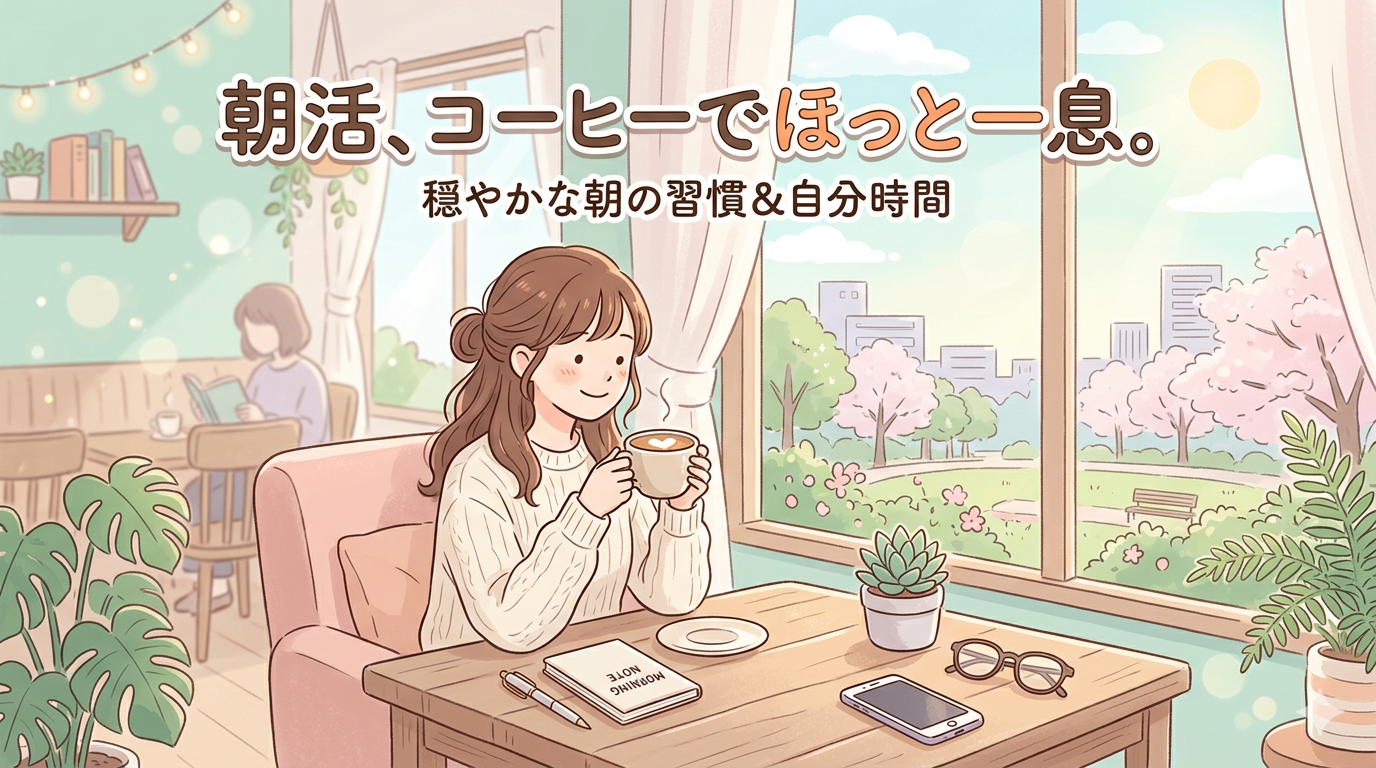コーヒーを片手にほっと一息つく女性と、「朝活、コーヒーでほっと一息。穏やかな朝の習慣＆自分時間」というキャッチコピーのイラスト。